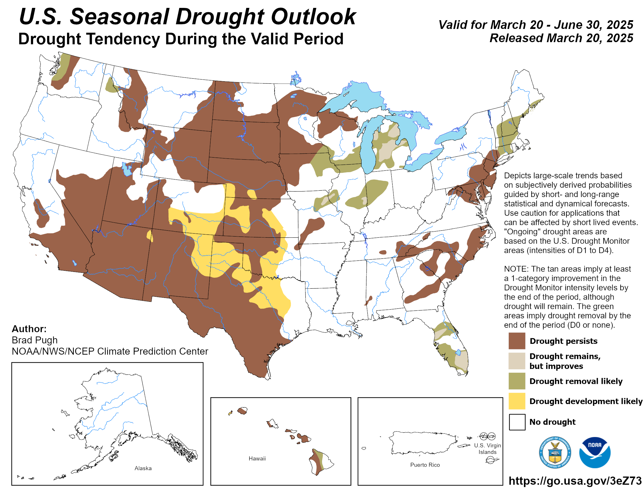 This map depicts where there is a greater than 50% chance of drought persistence, development or improvement based on short- and long-range statistical and dynamical forecasts from March 20 through June 30, 2025.