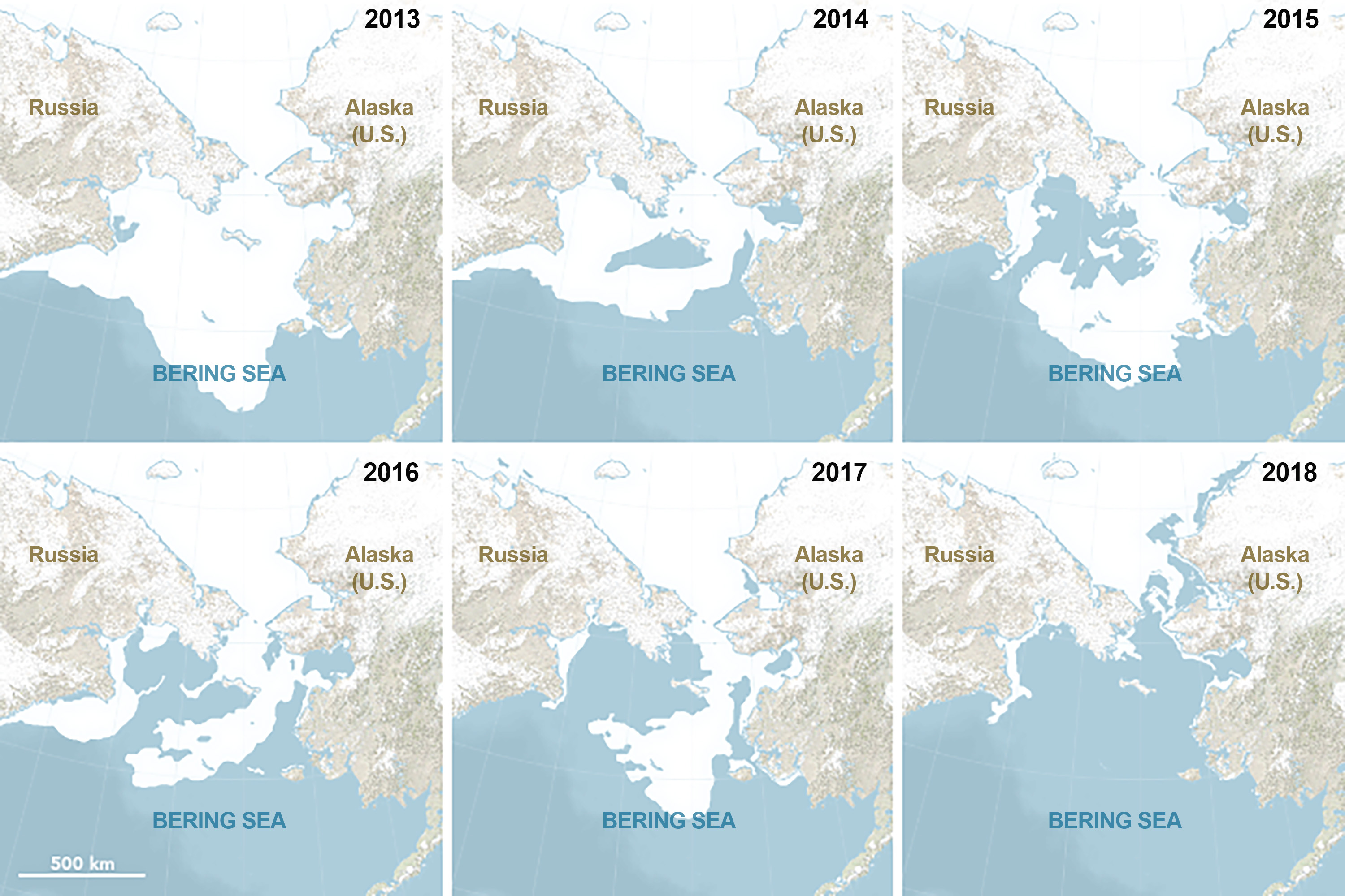 Using data from the National Snow and Ice Data Center, this time series shows the maximum ice extent in the Bering Sea during April for the years 2013 through 2018. The year 2018 set the record for the least amount of sea ice dating back to 1850.