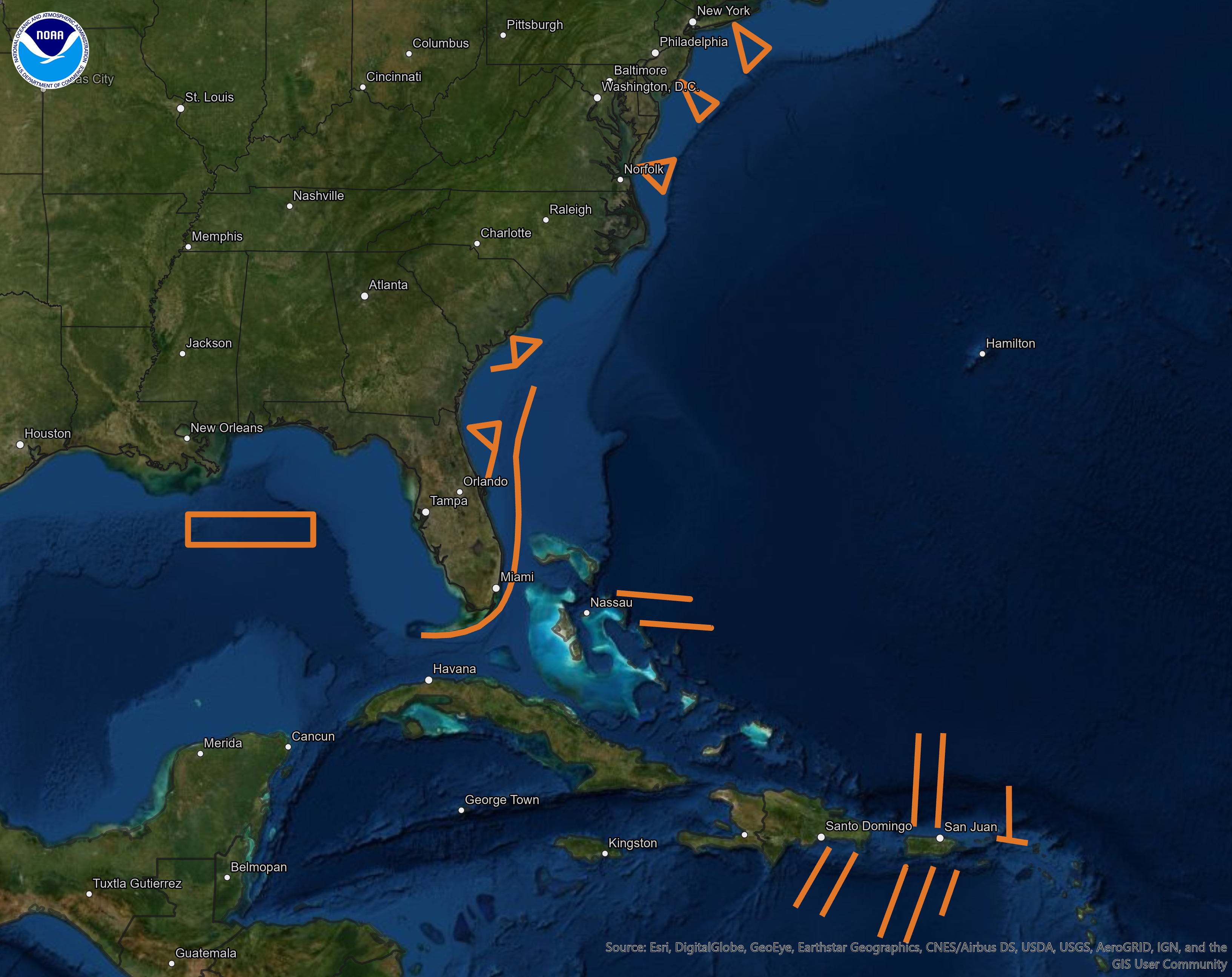 ‘Glide plan’: Orange lines show the proposed paths for gliders to travel this summer, where they will record temperature and salinity data from the surface to a half mile below. Once launched, the glider will make regular dives along a set course, surfacing several times a day to send its data to an available satellite. 

Warm water has the potential to strengthen storms while cool waters may weaken them, so knowing if a storm will pass over only warm water or areas where cold water may be stirred