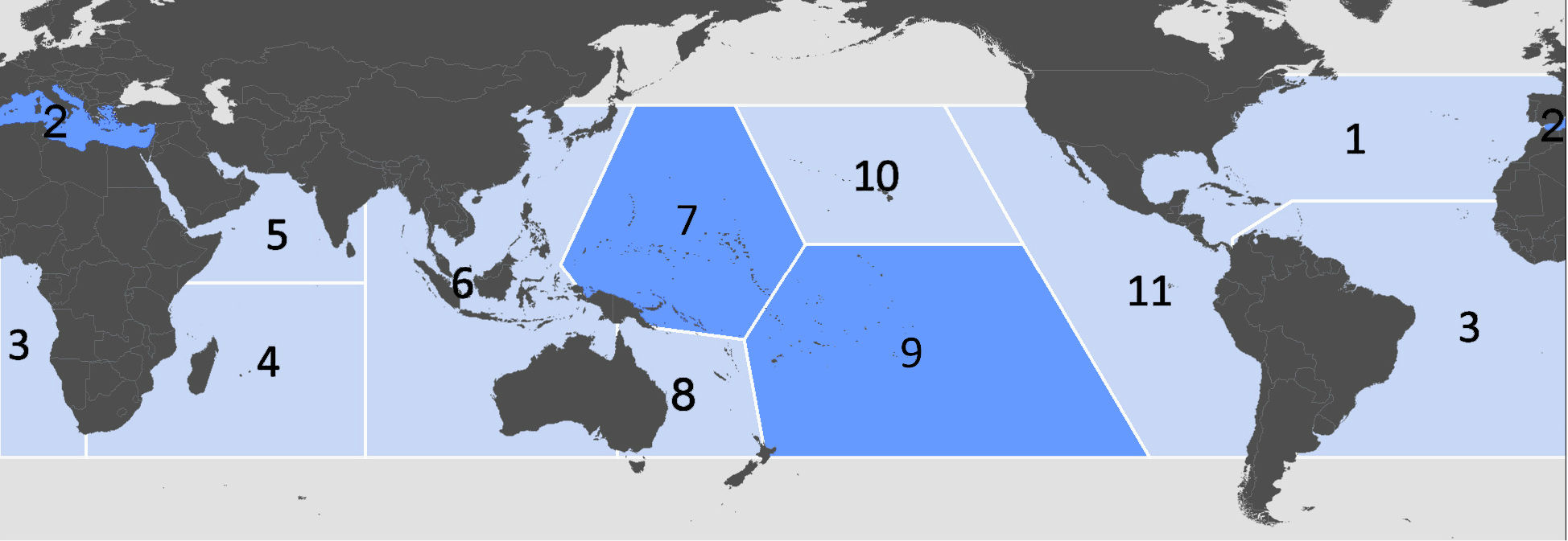 Threatened (light blue) and endangered (dark blue) green turtle distinct population segments.  1. North Atlantic, 2. Mediterranean, 3. South Atlantic, 4. Southwest Indian, 5. North Indian, 6. East India-West Pacific, 7.  Central West Pacific, 8. Southwest Pacific, 9. Central South Pacific, 10. Central North Pacific, and 11. East Pacific. 