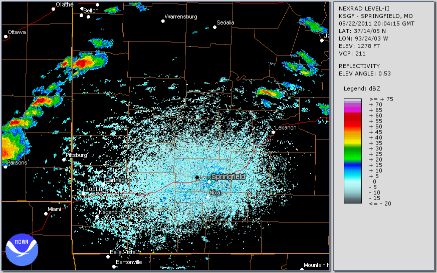 Joplin, Missouri: Animated radar imagery, as seen during tornado strike
Thanks to improvements in weather radars, severe thunderstorm and tornado warnings are becoming more detailed and more accurate. Doppler radar helps NOAA National Weather Service forecasters see a storm’s  circulation before a tornado forms, and track tornadoes such as this one that devastated Joplin in 2011. New dual pol technology installed since then helps forecasters tell the difference between precipitation and debris that’s