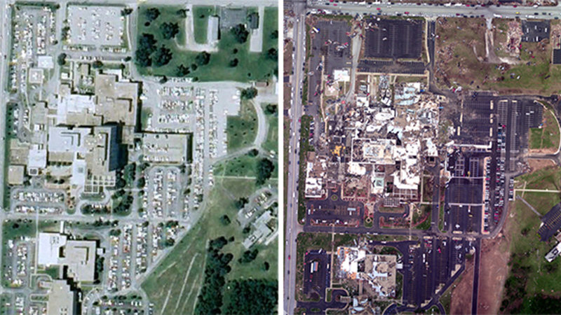 Joplin, Missouri: Aerial imagery, before and after the storm 
"Before-and-after" images like this one (before is on the left) are critically important in helping federal and local officials and emergency responders understand a tornado's damage and what hazards still exist. Shortly after the May 22, 2011, Joplin, Missouri, tornado, NOAA dispatched its King Air 350CER aircraft, equipped with specialized remote sensing equipment, on a mission to collect aerial photography from 5,000 feet.