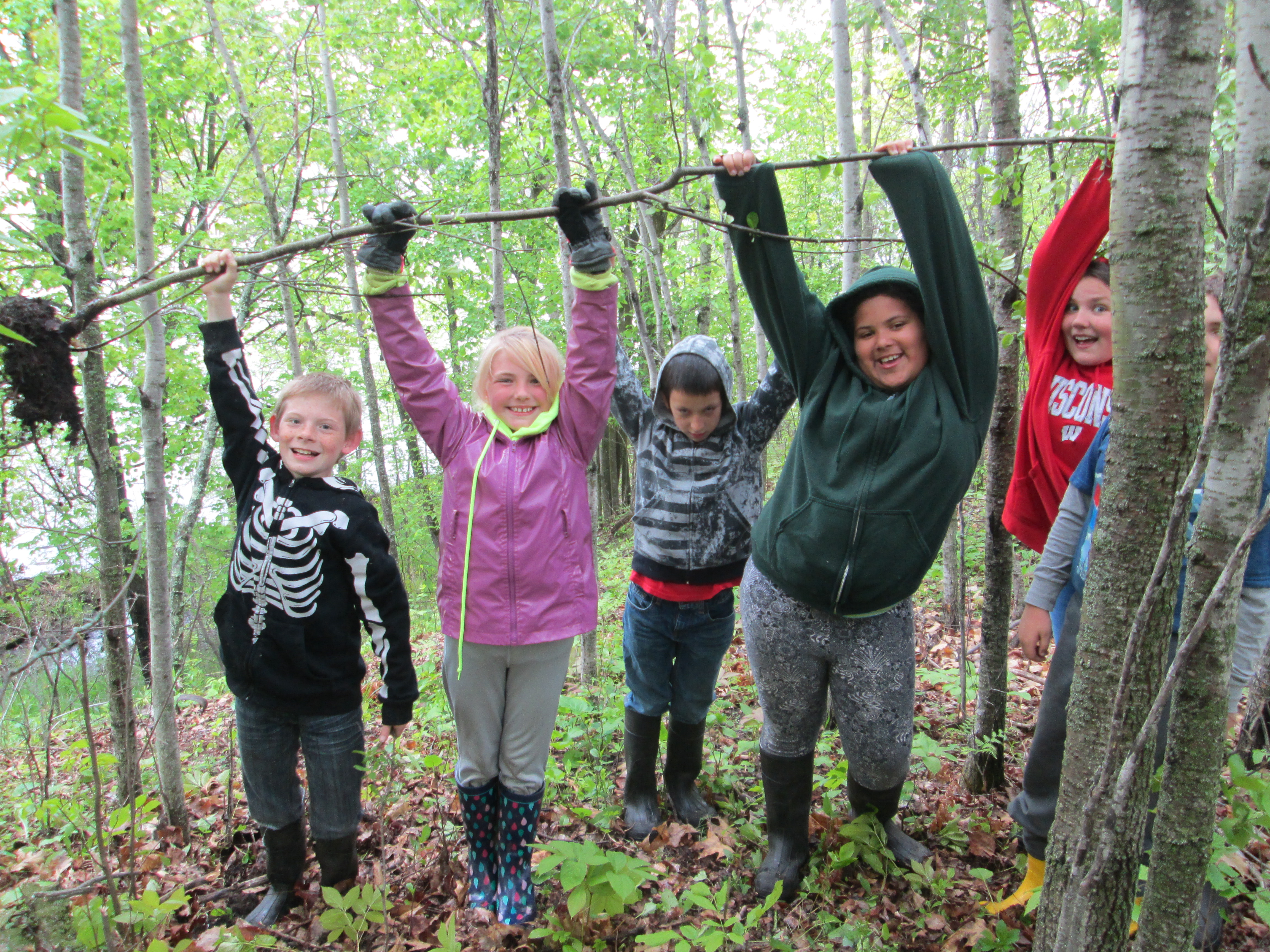 Five elementary school students stand in a line in a forest holding an uprooted invasive sapling.
