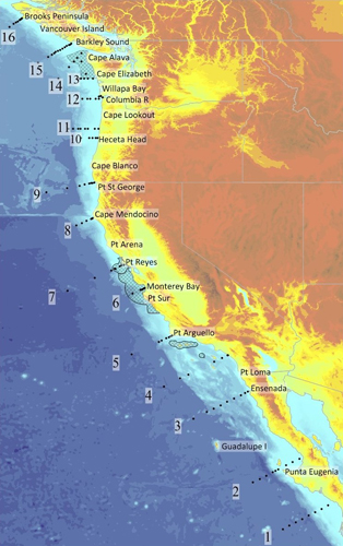 NOAA’s West Coast cruise will measure ocean acidification from Mexico to Canada. The map shows the 16 locations where ocean data will be systematically collected.