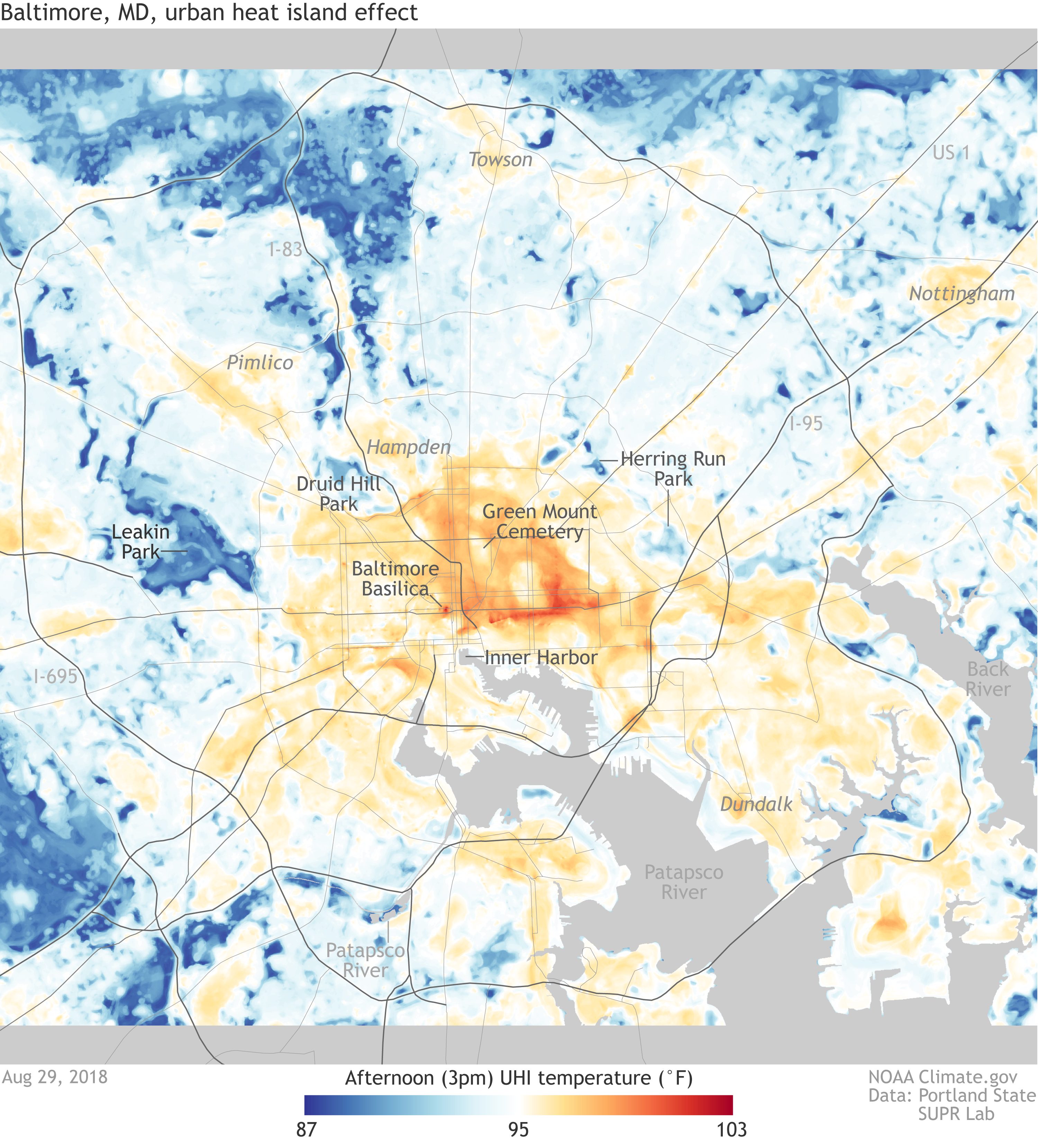 This map shows the hottest and coolest places in Baltimore on Aug. 29, 2018. Temperatures ranged from more than 103 degrees F to 87 degrees F.