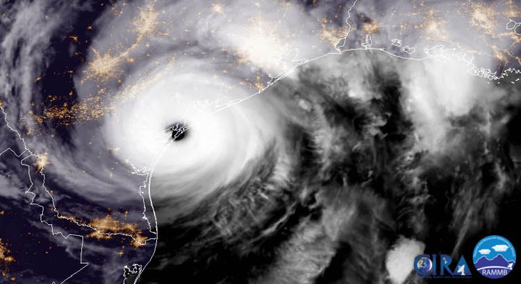 GOES-16 captured this geocolor image of Hurricane Harvey making landfall on the Texas coast at approximately 10:00 pm CDT on August 25, 2017. Harvey's maximum sustained winds were near 130 mph, making it a category 4 hurricane on the Saffir-Simpson Hurricane Wind Scale.