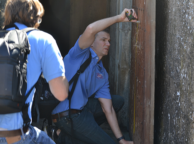 Oct. 15, 2016- NHC storm surge specialists Jamie Rhome and William Booth measure the high water mark from Hurricane Matthew’s storm surge inside Ft. Pulaski, Georgia, to help determine the height of the storm surge. 