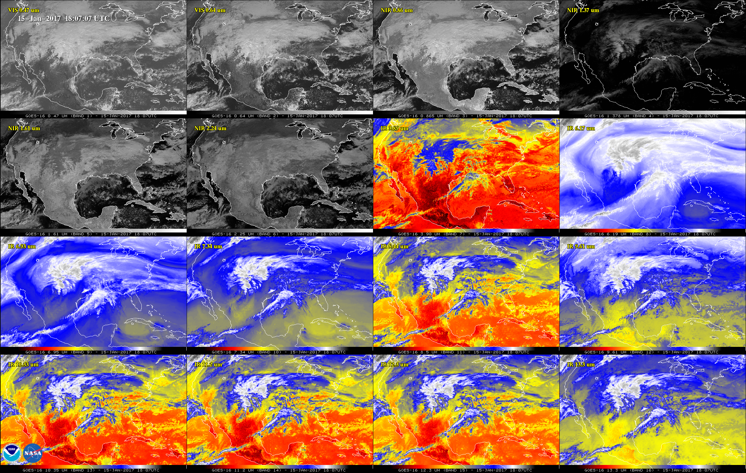 This 16-panel image shows the continental United States in the two visible, four near-infrared and 10 infrared channels on ABI. These channels help forecasters distinguish between differences in the atmosphere like clouds, water vapor, smoke, ice and volcanic ash. GOES-16 has three-times more spectral channels than earlier generations of GOES satellites. 