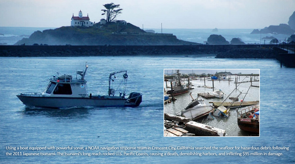 Using a boat equipped with powerful sonar, a NOAA navigation response team in Crescent City, California searched the seafloor for hazardous debris following 
the 2011 Japanese tsunami. The tsunami’s long reach rocked U.S. Pacific Coasts, causing a death, demolishing harbors, and inflicting $95 million in damage.  