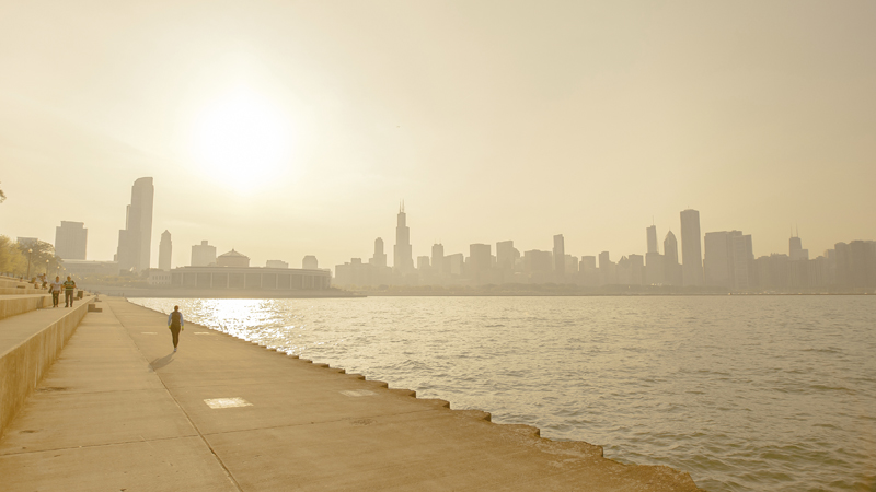 A heat wave and smog on the shoreline of Chicago Illinois.