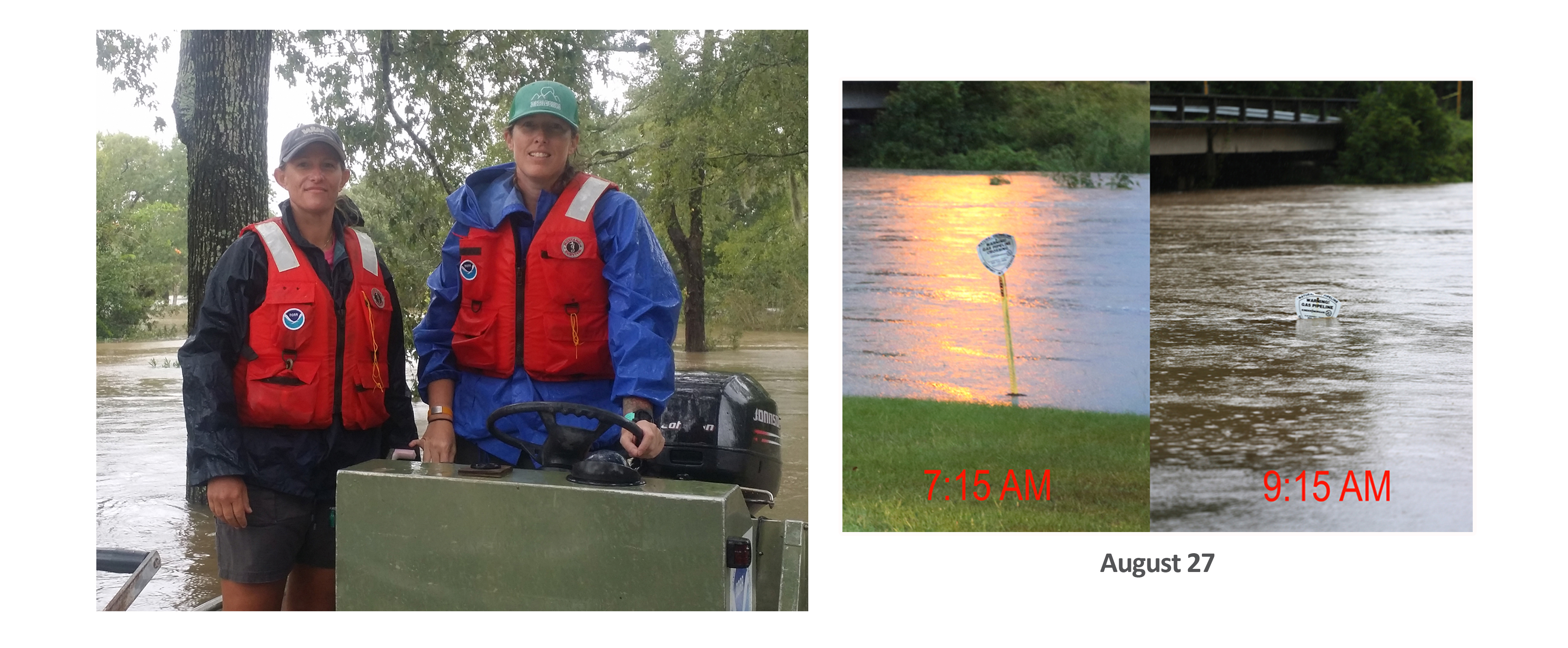 Jen Leo (right) and Jennifer Doer, research biologists at NOAA Fisheres' Galveston Lab, used a NOAA field study boat to rescue flood-stranded Texans. Joined by Kris Benson, of NOAA Fisheries' Office of Habitat Conservation, they helped process welfare checks in addition to evacuating adults, children and many pets over several days.