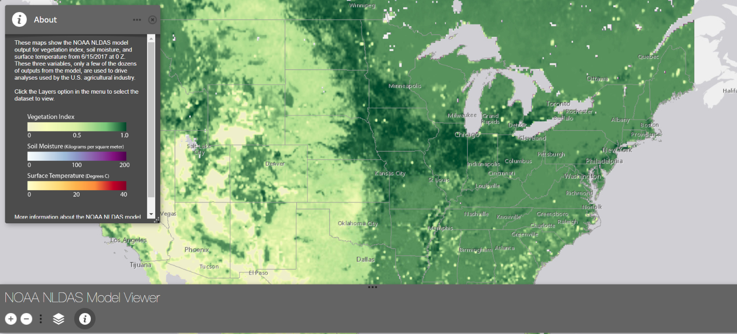 NOAA NLDAS Model Viewer. Go to https://portal.nnvl.noaa.gov/arcgis/apps/webappviewer/index.html?id=3ee0abd1457644959779367859b3492d&embed and click the layered icon (bottom, left) to see land features used to drive agricultural analyses. Click the "i" icon for more details.