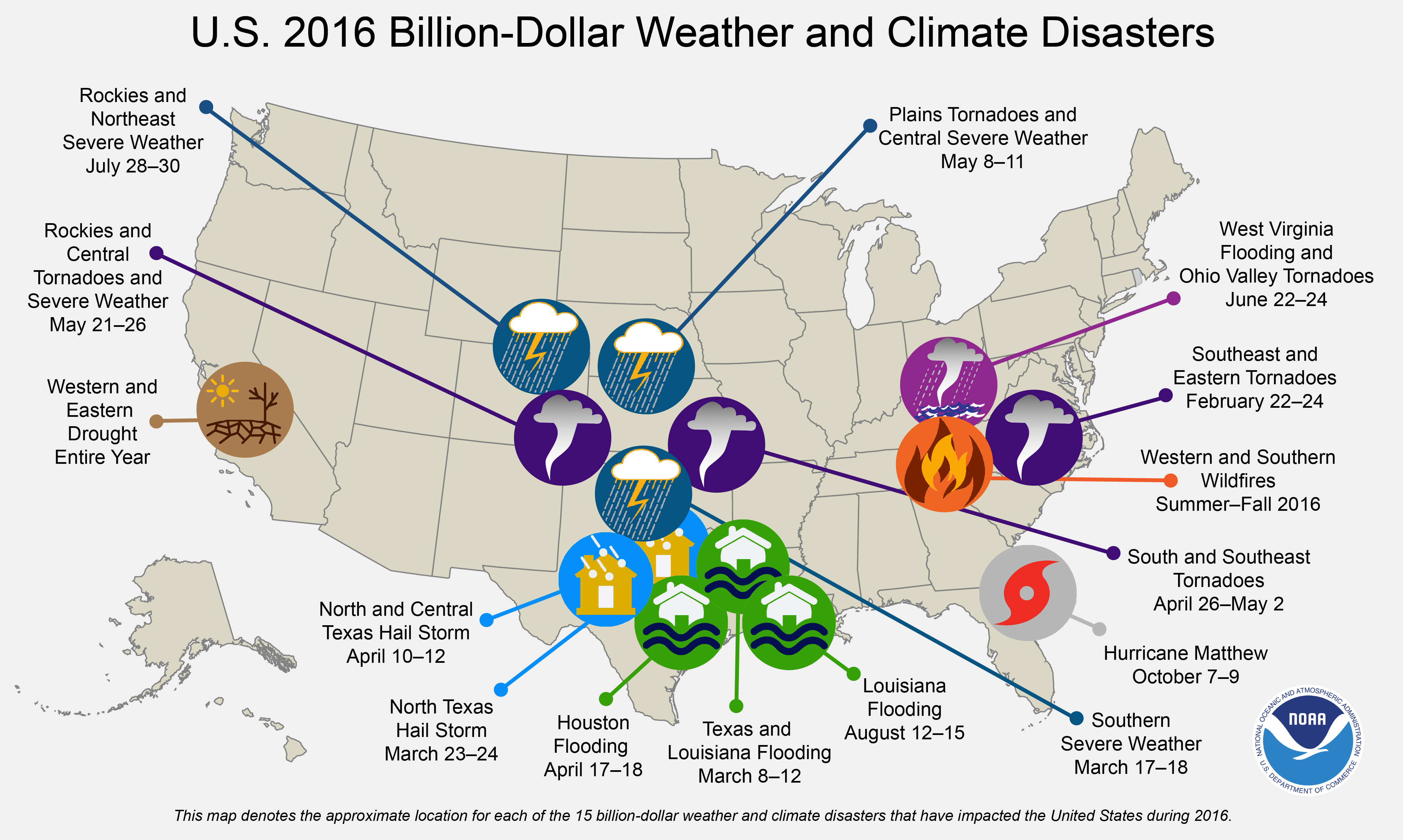 Here's a look at the locations of 15 billion-dollar disasters that occurred in the U.S. in 2016.