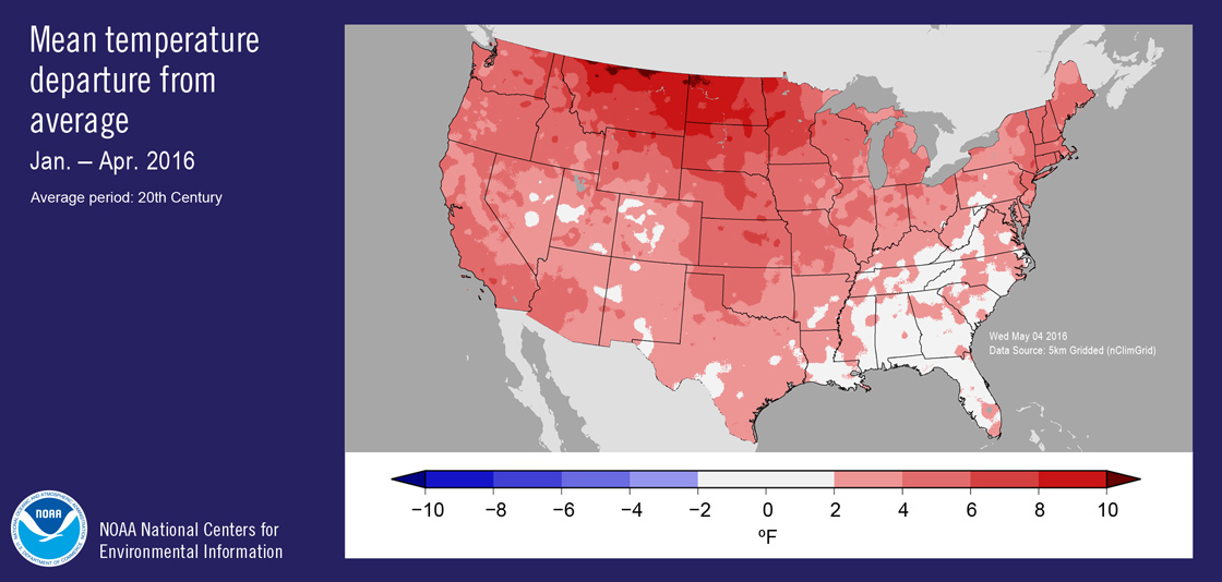 January to April 2016 (year to date) mean temperature departure from average