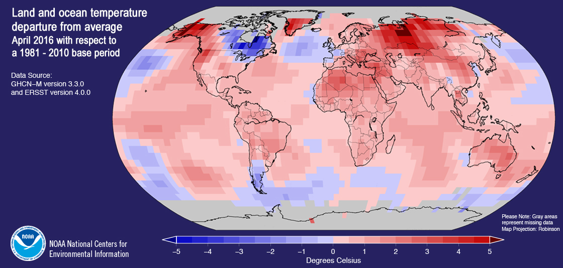April 2016 land and ocean temperature departure from average with respect to 1981-2010 base period
