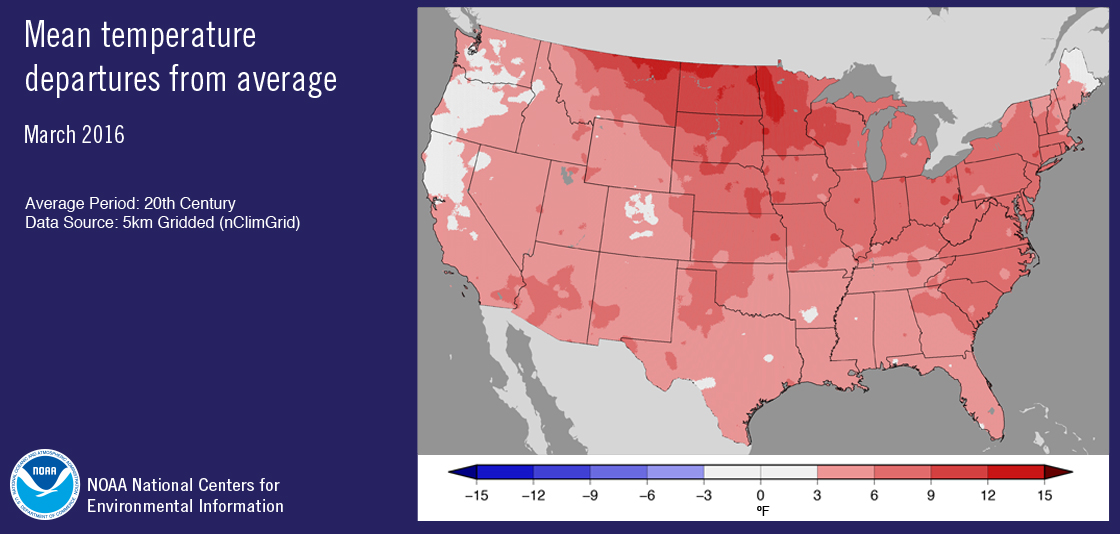 March 2016 mean temperature departure from average