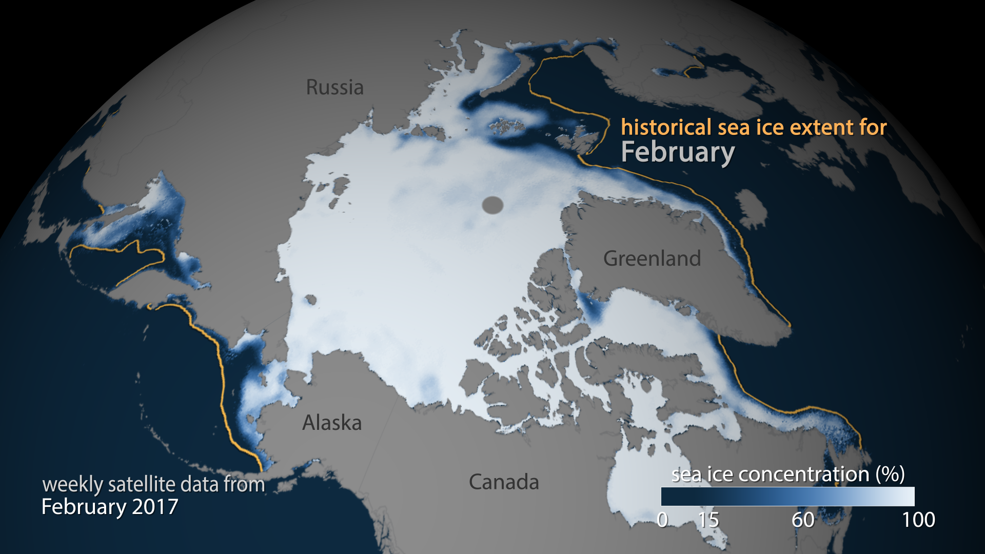 Arctic sea ice concentration for the week ending February 12, 2017. The gold line shows the historic median extent for the month, showing how far behind this year’s ice cover is. Image provided by NOAA Climate.gov, based on NASA and NOAA satellite data provided by NSIDC.