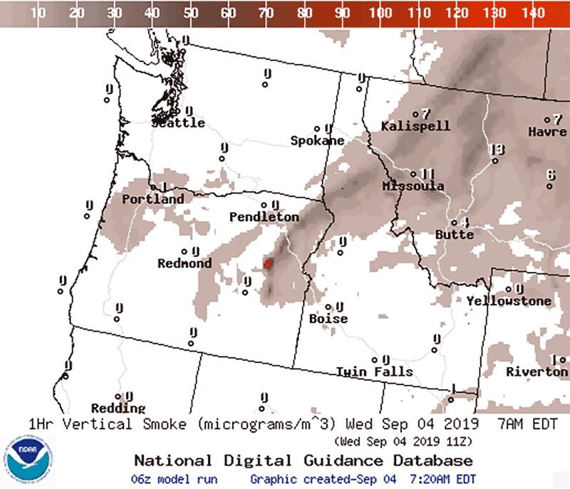 NOAA's operational HYSPLIT model simulates how, where and when wildfire smoke plumes and other air pollutants are spread and deposited. Bright colors indicate higher chemical pollutant levels. Chemical concentrations are also being measured.