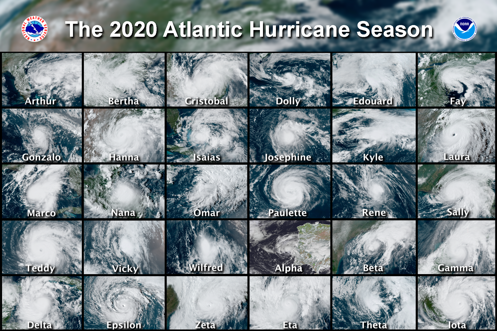 A collage of the named tropical cyclones (30) that formed in the Atlantic basin in 2020, a record-breaking hurricane season that surpassed 2005. The season officially runs from June 1 through November 30.