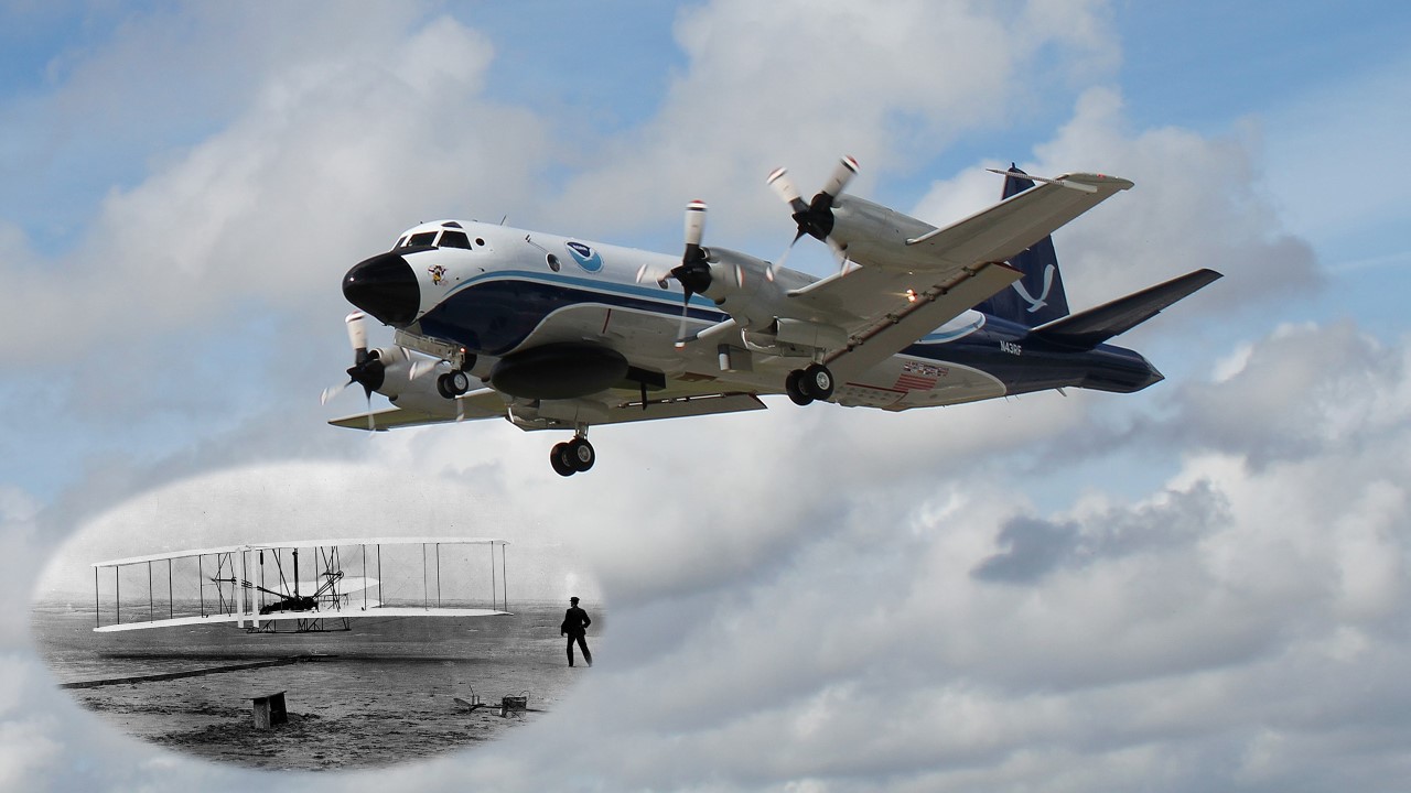 NOAA Lockheed WP-3D Orion "hurricane hunter" aircraft (N43RF) departing Lakeland Linder International Airport in Lakeland, Florida, in 2019. Inset: Original Wright Brothers' 1903 Aeroplane ("Kitty Hawk") in first flight, December 17, 1903 at Kitty Hawk, N.C. National Archives image.
