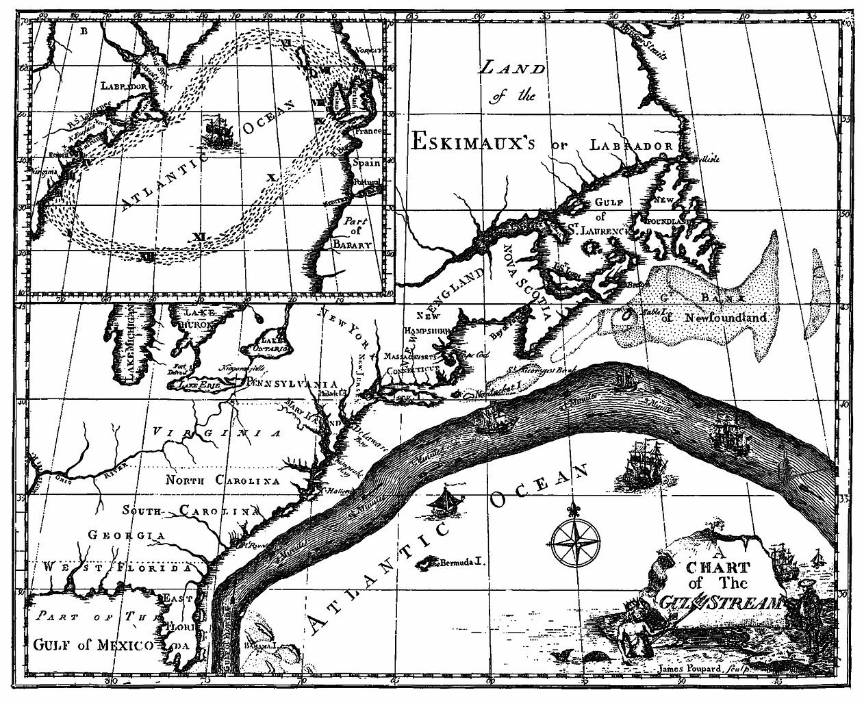In 1769, Benjamin Franklin published this first scientific chart of the Gulf Stream, a fast-moving current that sweeps up from Florida, then along the East Coast and across the Atlantic to Europe.

Franklin called it “a river in the ocean,” and predicted that staying in this current could speed mail delivery to Europe and shave valuable time off long and often treacherous shipping routes. He produced this chart showing a darkened Gulf Stream, opening the potential to nearly double travel speed.