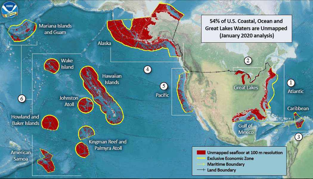 Geographic distribution of the unmapped areas within U.S. ocean, coastal, and Great Lakes waters. Analysis conducted in January 2020.