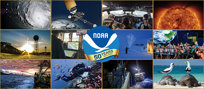A collage of 12 NOAA scenes: a hurricane, a satellite, the inside of a Hurricane Hunters plane, a satellite image of the sun, a weather station, the inside of a ship, a weather balloon launch, students learning at a Science on a Sphere, a fishing vessel, a scuba diver surrounded by fish, an ocean exploration ship and ROV, and animals at a national marine sanctuary. The NOAA 50th anniversary logo is in the center.