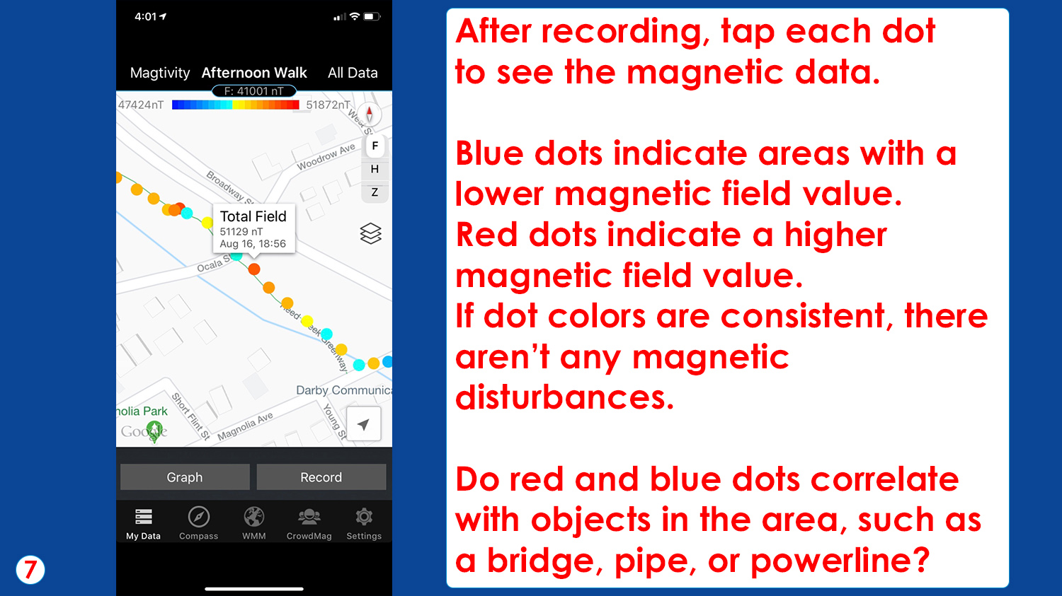 After recording, tap each dot to see the magnetic data. 

Blue dots indicate areas with a lower magnetic field value. Red dots indicate a higher magnetic field value. If dot colors are consistent, there aren’t any magnetic disturbances.

Do red and blue dots correlate with objects in the area, such as a bridge, pipe, or powerline?  
