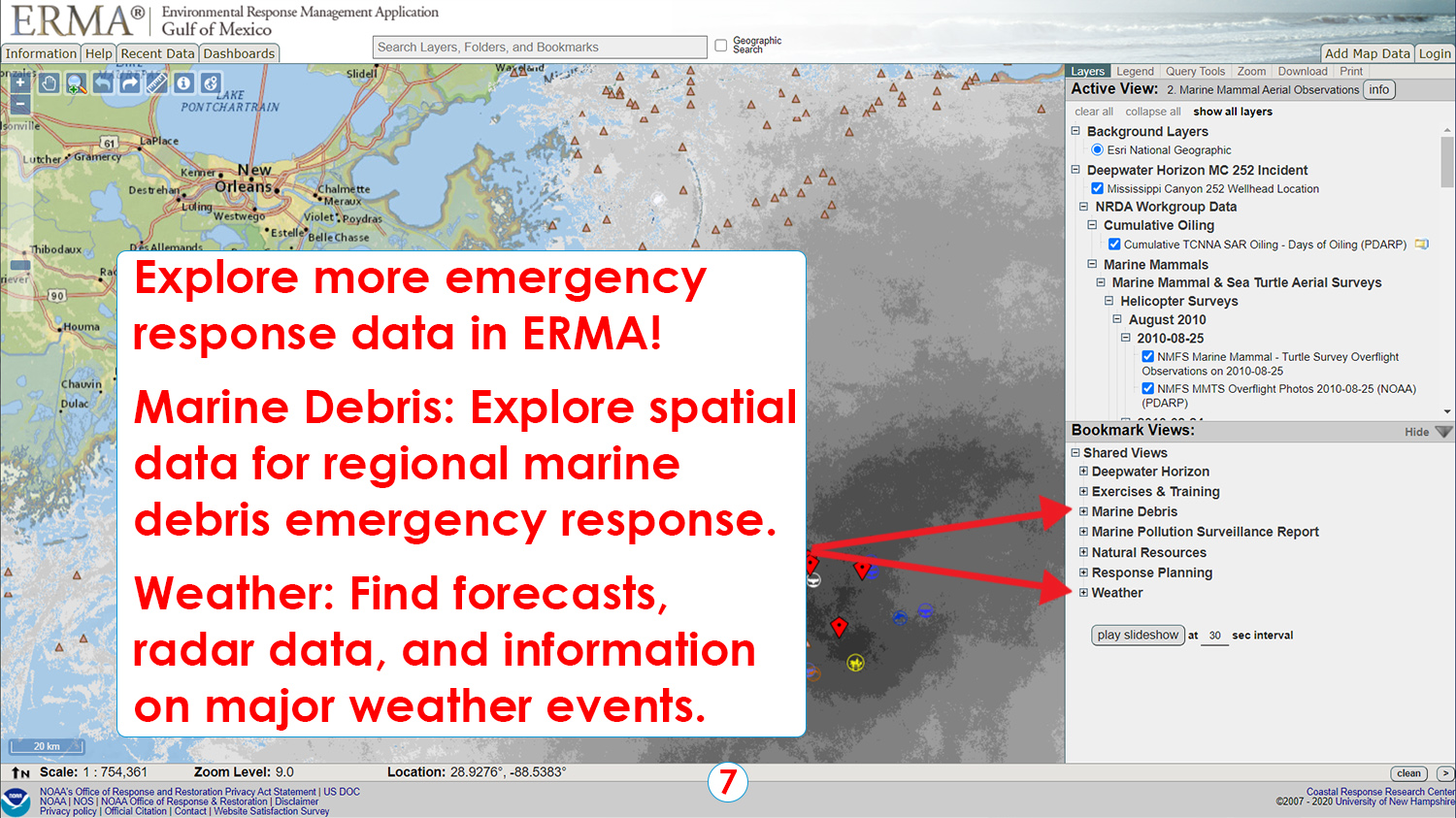 Step 7: Explore more emergency response data in ERMA!
Marine Debris: Explore spatial data for regional marine debris emergency response.
Weather: Find forecasts, radar data, and information on major weather events.