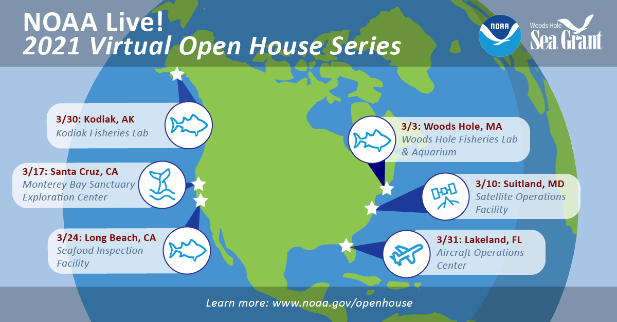 A U.S map plotted with the dates and locations of NOAA Virtual Open House live, guided tours taking place in March. For text details, please see listing below in our web story. 