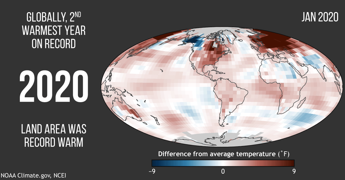 A month by month animation of temperatures for January through December 2020 compared to the 1981–2010 average, with warm anomalies (the differences in the average temperature) in red and cool anomalies in blue. The final slide shows the 2020 average.
