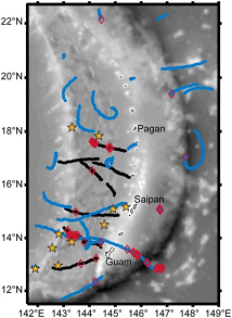 Map of the Mariana Archipelago with DASBR tracks from 2018 indicated in black, and 2021 in blue, Biotwang detections on the DASBRs are indicated with red diamonds, and yellow stars represent the 10 confirmed visual sightings of Bryde’s whales from 2018.