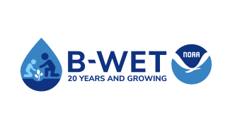 B-WET’s 20th Anniversary logo: "B-WET 20 years and growing.” To the left of the text is a water drop shape and inside there a sketch of two people kneeling with a plant between them.