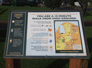 Tsunami safe haven sign in Newport, Oregon.