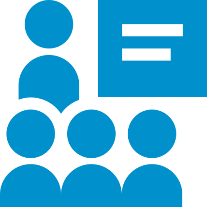 Icon of teacher next to blackboard in the background with three students in the foreground.