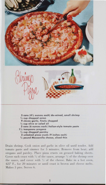 The front cover of Test Kitchen Circular No. 41, from 1956. The title reads, "Shrimp Tips FROM NEW ORLEANS" in black text and there are shrimp, vegetables, spices, and oils in the background.