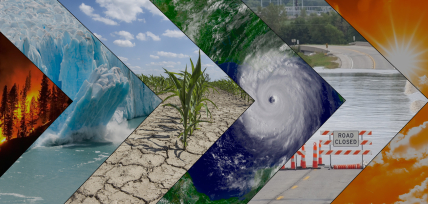 A collage of typical climate and weather-related events: floods, heatwaves, drought, hurricanes, wildfires and loss of glacial ice. (Credit: NOAA).