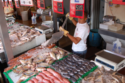 Seafood in open air market.