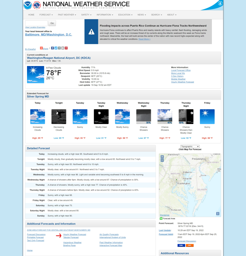 A screenshot of the weather.gov forecast page for Silver Spring, Maryland.