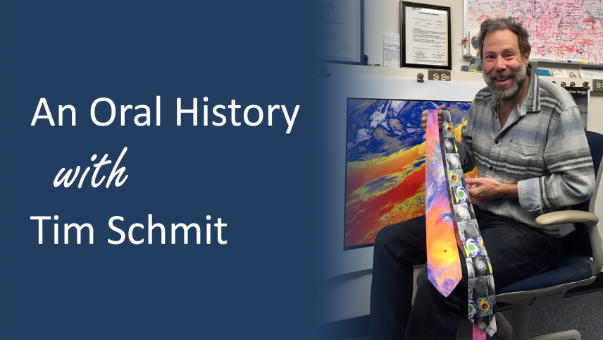 The words "Oral History with Tim Schmit" in white over a blue gradient, with a photo of Mr. Schmit to the right.