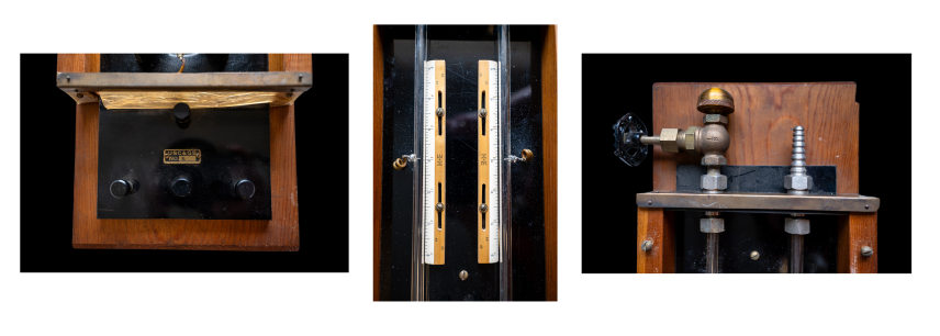 Three close up photos of the tsunameter. Left: The lower section of the tsunameter, with label reading “USC&GS No. 8”; Center: The rulers mounted next to the arms of the U-shaped tube.; Right: The tops of the U-shaped tubes, the left end has an adjustment dial and the right end is capped.