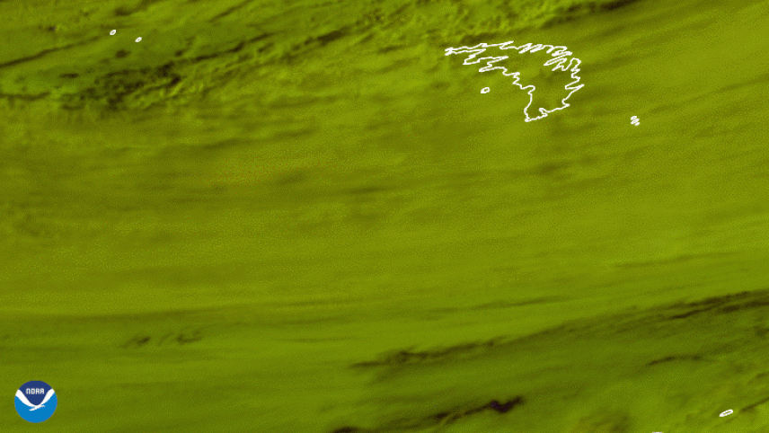 Satellite imagery from GOES East showing a runaway iceberg that appeared to be floating toward the island of South Georgia, one of the world's largest marine conservation areas and important fishing grounds. The clouds appear green because they’ve been colorized to distinguish them from the iceberg.