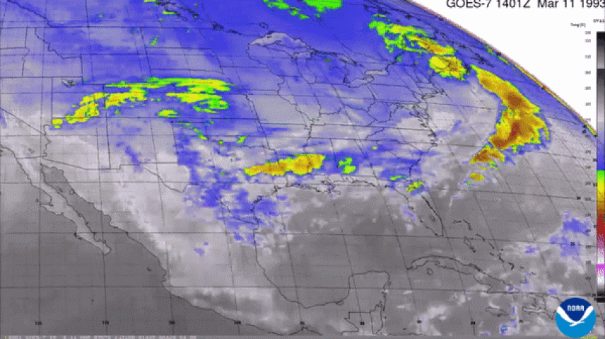 OES-7 color-enhanced infrared satellite animation showing the development and progress of the Storm of the Century from March 11–14, 1993.