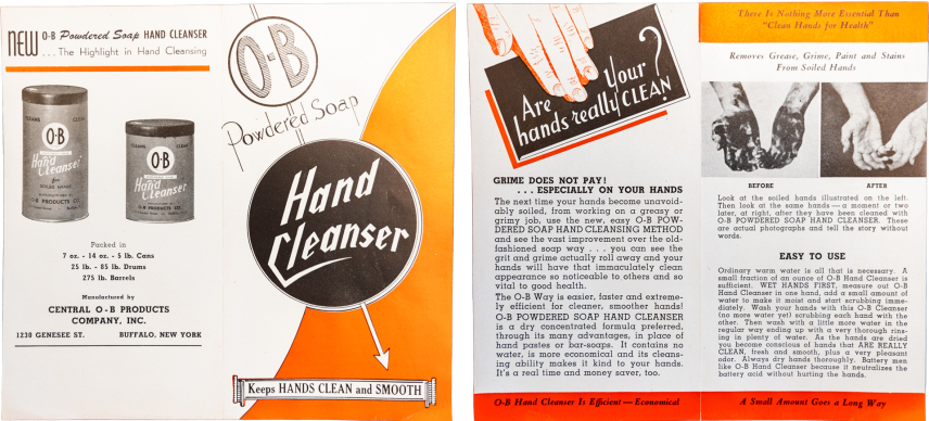 The front, back, and inside of a 1950s era ad for "OB Powdered Soap Hand Cleanser." Found in a U.S. Coast and Geodetic Survey 150th anniversary first day cover envelope.