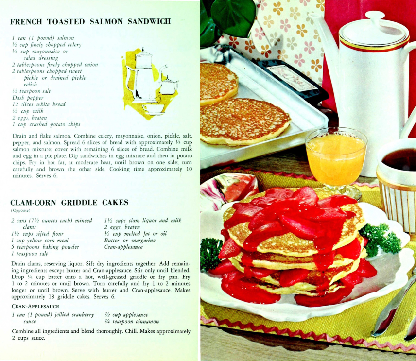 A recipe for a French Toasted Salmon Sandwich and Clam-Corn Griddle Cakes. Full recipes available at link below on pages 4-5 of the PDF: http://spo.nmfs.noaa.gov/content/tks-15-top-o-mornin-fish-and-shellfish