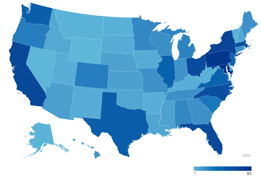 A map of U.S. states and territories where states are filled in with a gradient of color that indicates how many scholars are from each state. All states and Washington, D.C. are filled in. The states home to the most scholars are from coastal states, particularly California, Maryland, New York, Florida, Texas, and North Carolina. Many scholars have also been from Pennsylvania. The fewest scholars have come from Midwestern and Great Plains states.
