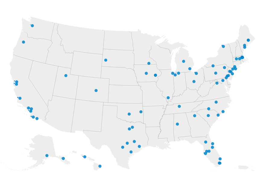 A map with data points indicating scholar institutions. The data points are most concentrated in coastal states, especially in the Eastern U.S., and Great Lakes states. There are a few data points the Great Plains region, as well.