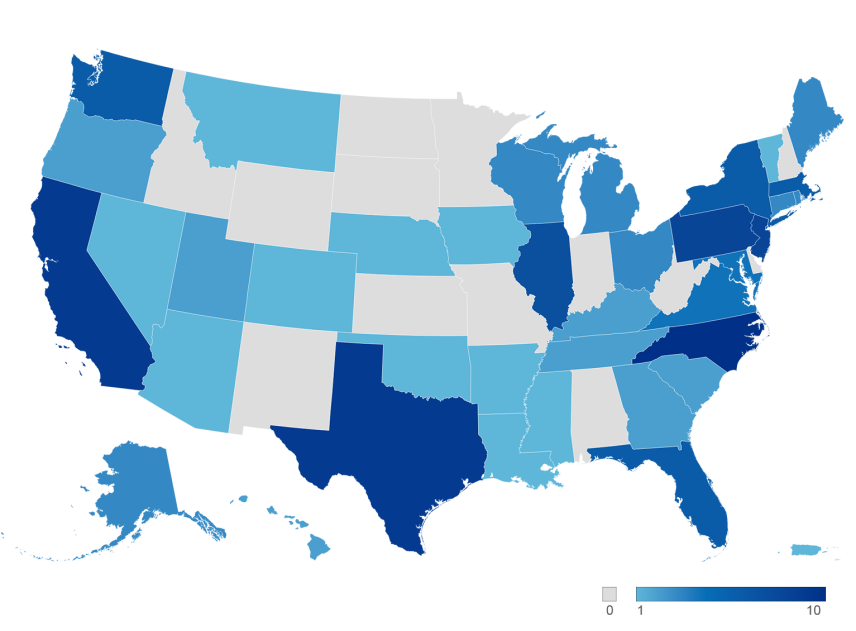 A map of U.S. states and territories where states are filled in with a gradient of color that indicates how many scholars are from each state. The states home to the most scholars are North Carolina, California, Texas, New Jersey, Pennsylvania, and Illinois. Scholars are from Puerto Rico and all states except for Alabama, Delaware, Idaho, Indiana, Kansas, Minnesota, Missouri, North Dakota, New Hampshire, New Mexico, South Dakota, West Virginia, and Wyoming..