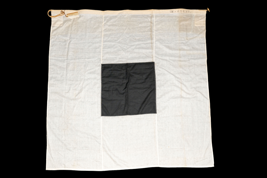 A 6 foot by 6 foot cold wave flag provided to the U.S. Weather Bureau as a sample of an unknown company’s work sometime in the late 19th or early 20th century.