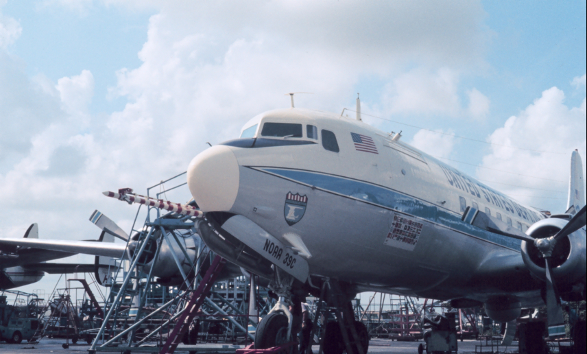 A NOAA DC-6 weather research aircraft that operated from the Research Flight Facility. NOAA’s DC-6s were replaced with Lockheed WP-3D Orions.